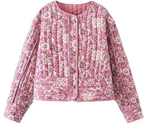 Veste Femme Doudoune Courte Cardigan à Imprimé Floral Vintage Veste Matelassée pour L'automne et l'hiver