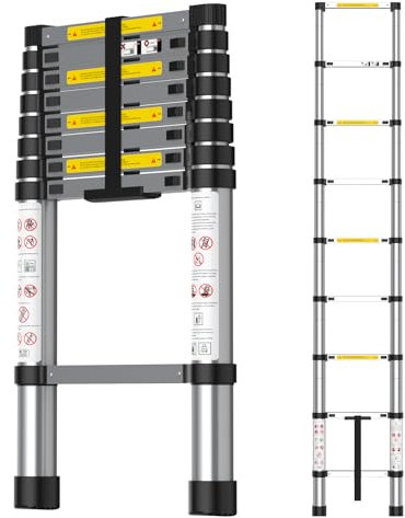 Kidsgigglz 2,6m Escalera Telescópica, Escaleras Plegables Aluminio, Escalera Plegables Telescópica de Aluminio Multiusos Portátil Extensible, Resistente y Antideslizante, Capacidad de Carga de 150 kg