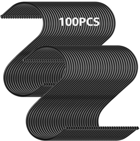 FWEEK 100 Ganchos S Negros de 12 cm, Ganchos Metálicos para Colgar Ropa, Utensilios de Cocina y Tiestos, Ganchos en Forma S para Cocina, Baño y Dormitorio, Sin Necesidad de Taladrar