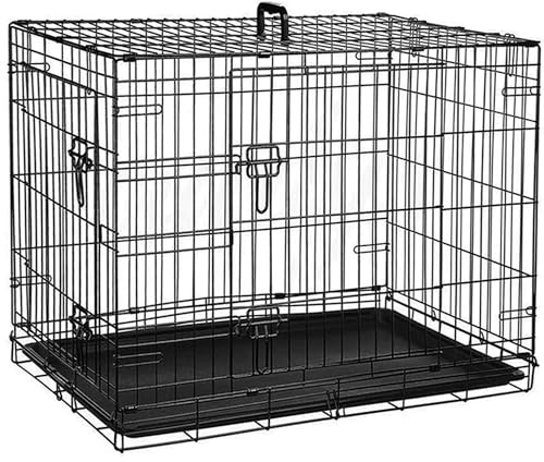 VELVETIO Foldable Dog Cage with Leak Proof Tray, 48 - Inch Double Door Metal Pets Training Crate, Heavy Duty Chew Resistant Plastic Base Pan, (121 X 74 X 81 Cm), Black