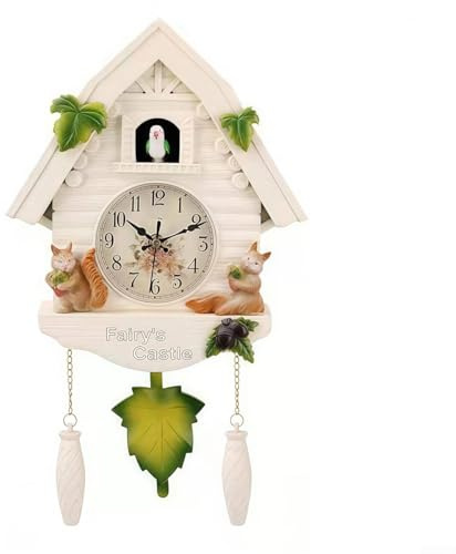 Horloge murale à pendule coucou 42 x 26 x 10 cm en forme de maison avec breloque inspirée de la nature (écureuil blanc)