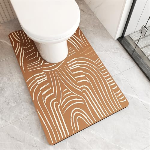 Treer Bath Mat Non Slip Diatomite Toilet Mat U Shape Pedestal WC Toilet Rug Absorbent Quick Dry for Bathroom Floor, Washable Easy to Clean, Minimalism Pattern (Camel Color,55x90cm)