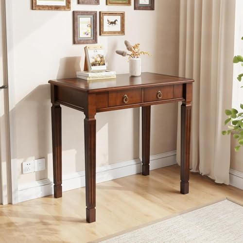 PADMA HOUSE Scrivania in Legno Massiccio, Tavolo da Ufficio con Cassetti, Scrivania per Computer, Tavolo da Trucco, Tavolo da Toeletta con Specchio (Rustico Marrone, scrivania per computer)