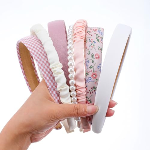 Wanmu 7 Pack Fashion Headbands for Women Girls, Non-Slip Cute Floral Pearl Headband, Vintage Padded Wide Hair Band Hair Accessories for Birthday Wedding Gift (Pink)