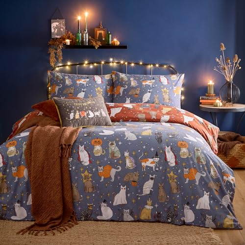 Ugn Halloween Pawty påslakanset – rolig läskig vändbar kattfest design sängkläder (flerfärgad – super king)