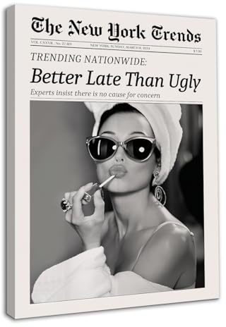 Dazzlewall Framed New York Trends Wall Art, Black and White Newspaper Better Late Than Ugly Funky Feminist Poster for Living Room Bedroom 12x16 in