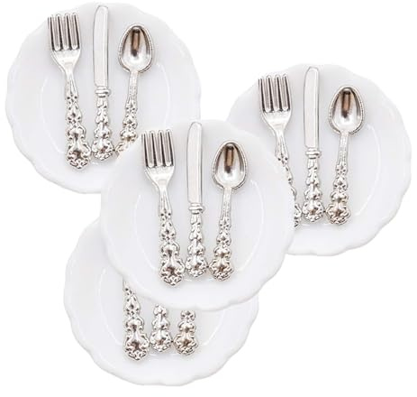 Elegante colección de vajilla en miniatura para casas de muñecas, cocina con platos y utensilios, juego de 4 casas de muñecas, juego de cocina en miniatura