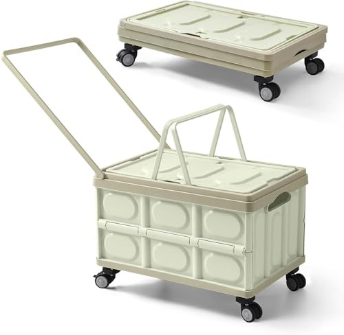 Carrito de la compra plegable, carrito rodante de 46 litros con 4 ruedas y asa para comestibles, camping, viajes, contenedor de almacenamiento de plástico con tapa para un fácil transporte