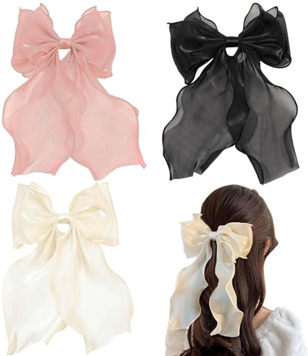 Yxelydriail 3 Pack Big Bow Hair Clip, Silk Hair Bow with Long Silky Satin,Large Bowknot Hairpin for Women and Girls (Beige+Pink+Black)