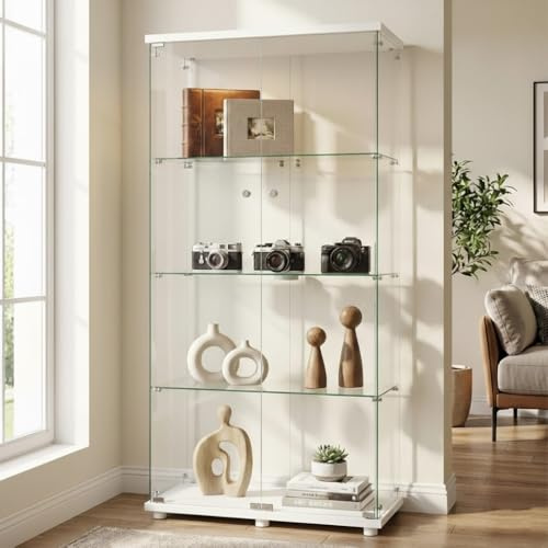 GAWYOEX Vitrina de Cristal, 164,5 cm, 2 Puertas, 4 Capas, Vitrina de Cristal, Vitrina de colección, Armario Alto para salón, Dormitorio, Oficina