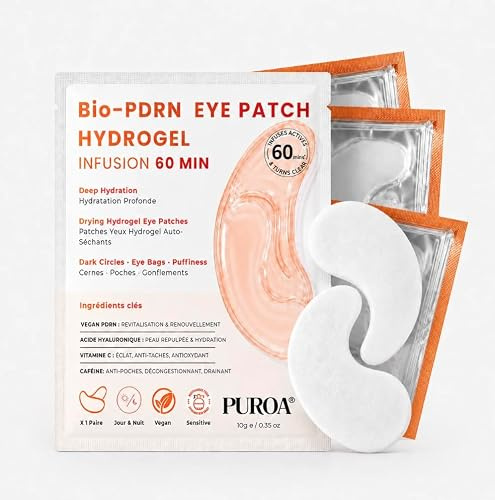 PUROA Patchs Yeux PDRN Végétal Auto-Séchants – Masque Contour des Yeux Hydrogel Anti-Cernes, Anti-Poches & Ridules – Vitamine C, Acide Hyaluronique & Caféine – Vegan - 3 Paires