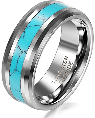 JewelryWe Schmuck Wolframcarbid Herren-Ring Synthetische Türkis Inlay 8mm Bandring Eheringe Verlobungsringe Größe 61