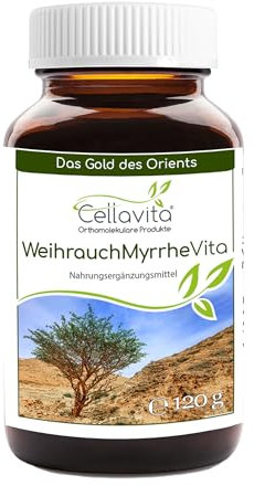 Cellavita – Weihrauch (Boswellia Sacra) & Myrrhe (Commiphora Myrrha) Vita traditionelles Nahrungsergänzungsmittel – Vorratsspackung 120g im Glas – Hochwertiges pflanzliches Naturprodukt ohne Zusätze