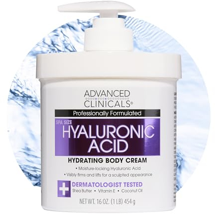 Advanced Clinicals Hyaluronic Acid Moisturizer Body Cream W/Vitamin E | Hydrating Cream & Body Lotion For Women & Men To Help Improve Look of Wrinkles, Dry Skin, Crepey Looking Skin, 16 Ounce