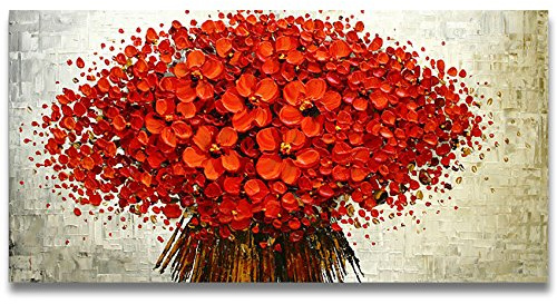 Orlco Art - Dipinto a mano con petali di ciliegio blu e albero blu, grande, arte astratta da parete, tavolozza per pittura a olio su tela, Tela, Red Flower, 24x48inch (60x120cm) With The Frame