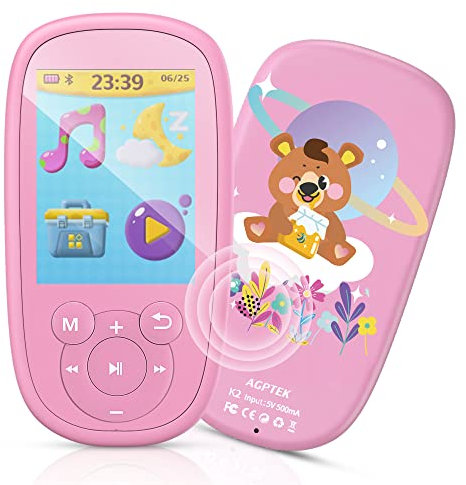 AGPTEK MP3 Enfant Bluetooth 8Go Design d'ours avec Haut-Parleur, Lecteur avec d'Ecran 2.4’’ Ecouteur et Corde Inclus, Baladeur Musical Sport Radio Vidéo Slot de Carte 128g pour Cadeau de Fête-Rose