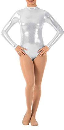 IWEMEK Damen Ballettanzug Glänzende Langarm Body Wetlook Danz Ballett Trikot Gymnastikanzug Turnanzug Metallic Einteiler Lack Leder Bodysuit Overall Leotard Top Kostüme Silber L