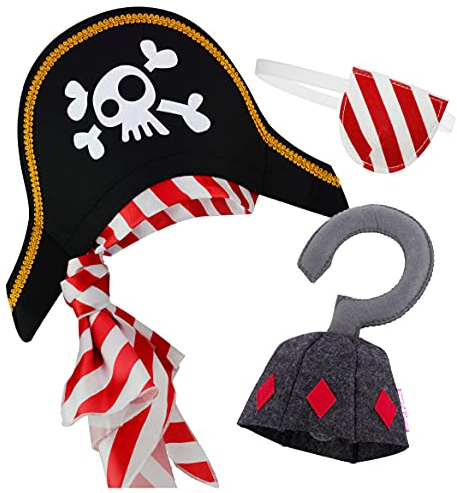 papapanda Piratenhut Augenklappe Piratenhaken Hakenhand für Kinder Karibik Kapitän Kostüm