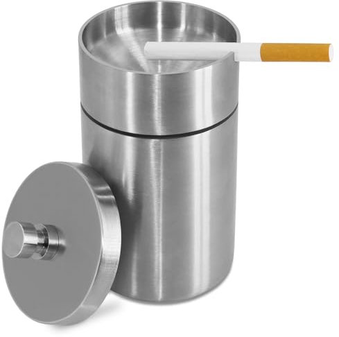 HONZUEN Aschenbecher mit Deckel, Windaschenbecher Edelstahl fur Draußen Tragbarer Rauchloser Sturmaschenbecher Tischaschenbecher Smokeless Ashtray Außenaschenbecher für Garten Draußen Auto, Silber
