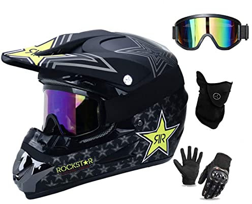 UIGJIOG Fullface Motocross-Helm Black DOT Certified Erwachsene Offroad Helm Downhill Für Kinder Mit Brille, Handschuhe Und Maske, Unisex,M(54~55cm)