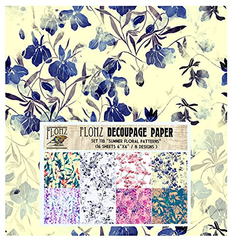 Decoupage Paper Pack (24 Sheets 6x6) Summer Flowers Wildflowers FLONZ Vintage Styled Seamless Pattern Paper for Decoupage, Craft and Scrapbooking