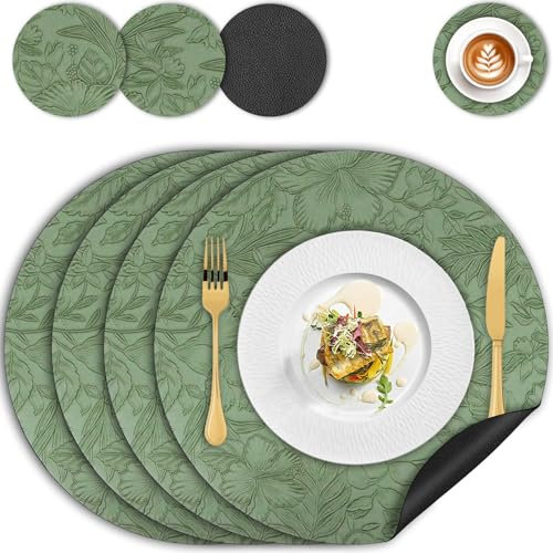 Manteles Individuales Redondos Juego de 4, Salvamanteles Individuales Antimanchas Lavables y Posavasos, PVC Mantele Individuale de Cuero Doble Cara Antideslizante, para Restaurantes, Cocinas, Verde