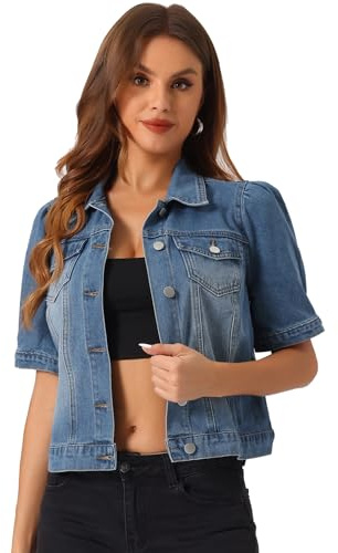 Allegra K Veste en Jean Femme Boutonnage Blouson en Denim Décontractée Manches Courtes Bouffantes avec Poches à Rebats