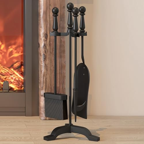 Kingson Set completo di accessori per caminetto in ghisa, con manico e supporto, 19,5 x 17 x 47 cm, colore: nero