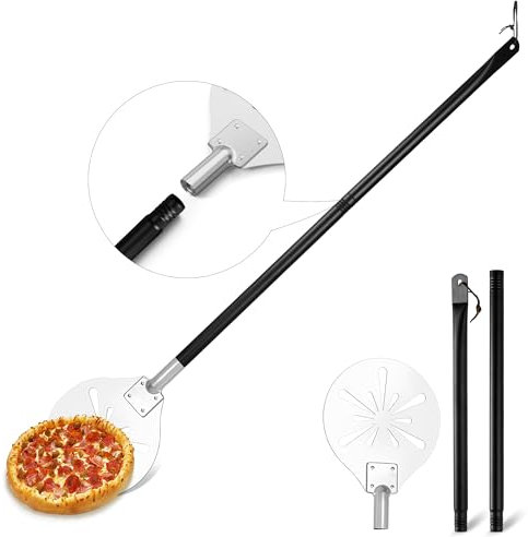 Homikit Pizzaschieber, 20 x 22,7 x 110 cm Edelstahl Perforierter Pizzaschaufel mit Abnehmbaren Griff, Rund Pizzawender zum Leichten Gleiten auf Pizzastein, Pizza Schieber für Backofen Grill Steinofen