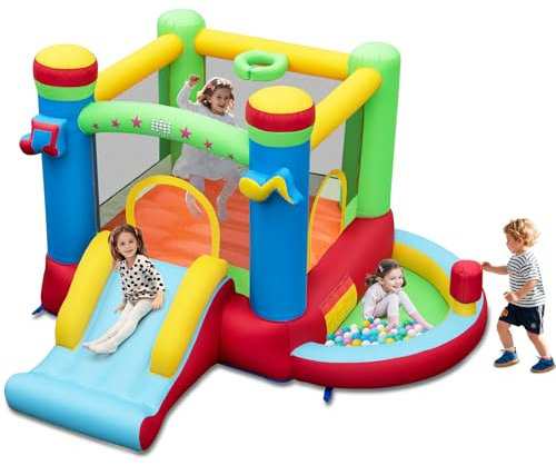 HOMFME Chateau Gonflable 5 en 1 pour Enfant Thème de Musique avec Toboggan, Panier de Basket, Piscine à Balle, Trampoline et Boxe, Aire de Jeux avec Note pour Extérieur ([sans Souffleur],Château)