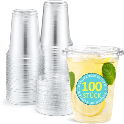 Eupako 100 Stück 360ml Plastikbecher mit Deckel Einweg-klare Trinkbecher