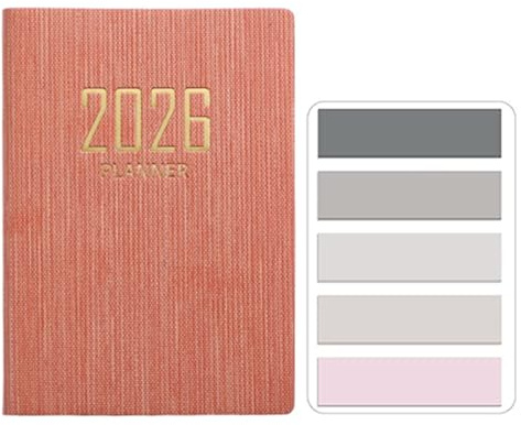 RuiChy Mini Agenda de Bolsillo 2026 Cubierta de cuero PU Agenda Diaria A7 Semana Vista 128 Páginas Planificador Diario Calendario Anual Libreta con Morandi Adhesivos Índices de Pestañas (Rosa)