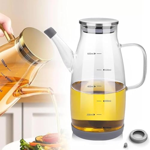 Dispenser per olio in vetro borosilicato da 1 litro, bottiglia a prova di perdite con manico e scala graduata, bottiglia per olio e aceto in vetro di alta qualità, per cucina, lavabile in