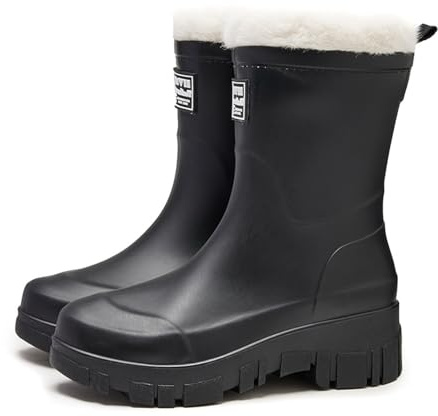 Allbestop Bottes de Pluie, Bottine Femme Bottes Caoutchouc Fourrées Femme Bottines Talon Carré Mi-Mollet pour Chaussures Pieds Larges