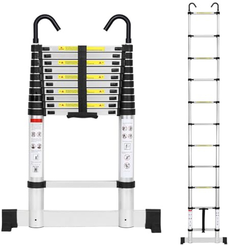 Cecaylie Teleskopstege i aluminium, 3,2 m, utdragbar stege med stabilisator och avtagbar krok, halkfri aluminiumledare stående stege, multifunktionsstege, 150 kg lastkapacitet