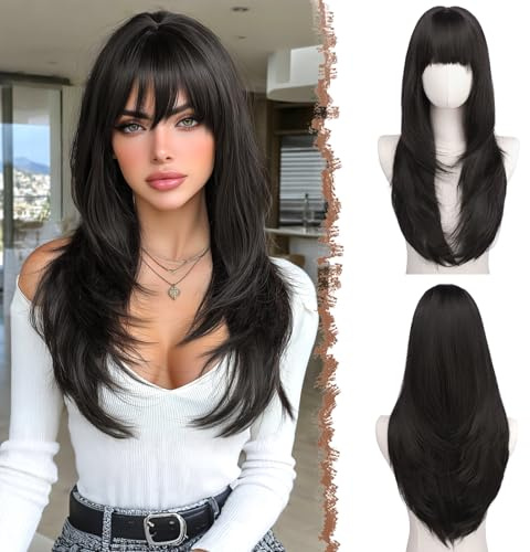 FESHFEN Perruque Layered avec Frange - Perruques Lisse et Droite pour Femmes Noir Brun Cheveux Naturels Synthétiques Wig pour Fêtes Quotidienne, 60 cm
