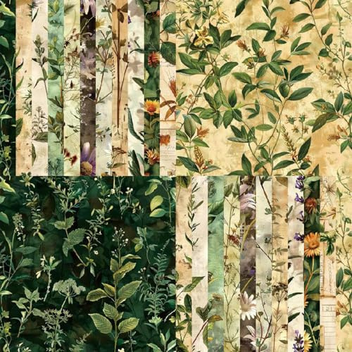PLUSHCEWT Vintage Pattern Scrapbook Paper Pack, 24 Sheets 6x6 Inches, Cardstock for Origami, Scrapbooking, Decoupage, Card Making, Craft Paper Sheets for Journaling & DIY Projects (Green Plants)