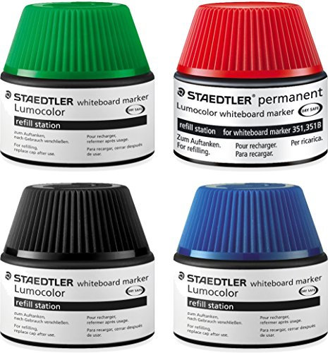 Staedtler Lumocolor whiteboard Marker Nachfüllstation für 351/351 B, 15-20x Nachfüllen 4 Farben blau rot grün schwarz