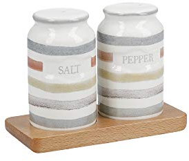 KitchenCraft Classic Collection Vintage-Style Ceramic Salt and Pepper Shakers with Wooden Tray (3-Piece Set)