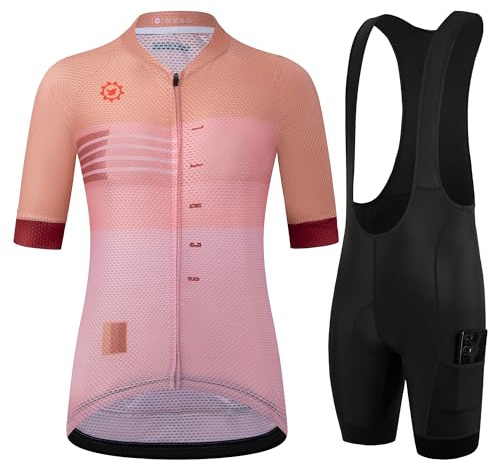 GCRFL Women's Cycling Jersey Sets Road Bike Jersey Riding Shirts Highly Breathable, Bib Shorts with Pockets and 4D Padded (Pink, L)