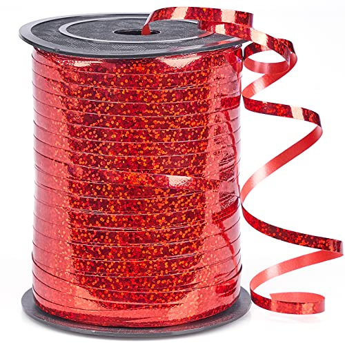 PartyWoo Geschenkband Rot, 450 Meter/ 500 Yard Schleifenband, Ringelband, Glänzendes Ballonband, Dekoband für Ballonverschlüsse, Geschenkverpackung, Basteln, Partydeko, Hochzeitsdeko (1 Rolle)