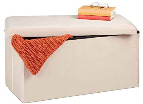 Relaxdays Panca Contenitore, Seduta Imbottita, 80 Litri, Pouf Cassapanca per Corridoio e Salotto, 38x77x39 cm, Crema, Gommapiuma