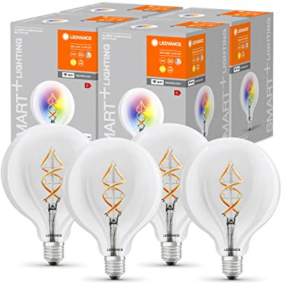 LEDVANCE Smart LED Lamp with WiFi Technology, E27, RGB Colour Changeable, Globe Shape, Coloured Filament as Mood Light, Replacement for Conventional 60W Bulbs, 4-Pack