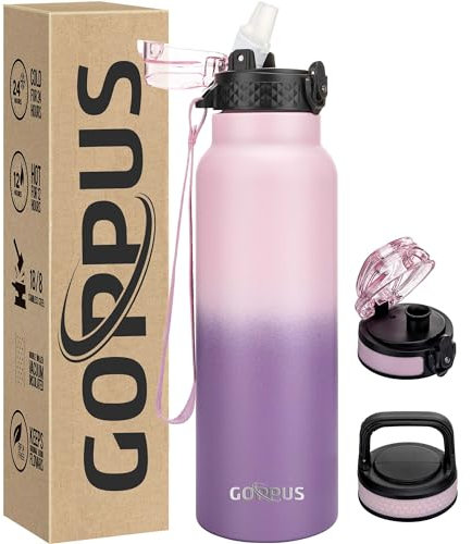 GOPPUS Edelstahl Trinkflasche-750ml mit Strohhalm & 3 Deckel,BPA frei, Kohlensäure Geeignet, Thermoskanne Vakuum Doppelwandisolierung für Sport, Reisen, Camping