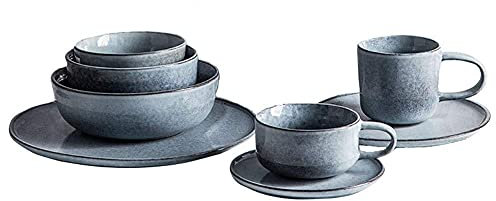 Set di Piatti e scodelle in Porcellana, Set di Piatti/Piatti/Ciotole, Set di stoviglie da 12 Pezzi, Set di Piatti da Colazione in Porcellana Blu e Grigia