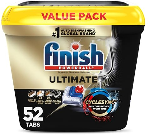 Finish Ultimate Dishwasher Pods, No Pre-Rinse Dishwasher Detergent Soap Removes Burnt-On Stain, with CycleSync Technology, Degreasing & Scrubbing Power, 52 Count (Packaging may vary)