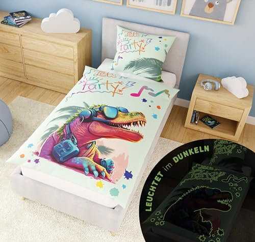 Carpe Sonno Dino Bettwäsche 135x200 Kinder [Leuchtet im Dunkeln] Kinder Bettwäsche Dinosaurier + 10 Spiele | 100% Baumwolle + Oeko-Tex | Leuchtende Kinderbettwäsche 135x200 Junge & Mädchen