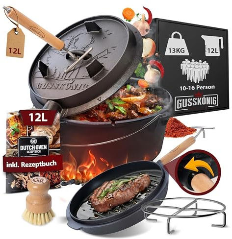 GUSSKÖNIG Dutch Oven Set-Eingebrannter Dutch Oven 12L [10-16 Person]-Feuertopf Gusseisen ohne Füßen-Schmortopf Doppelfunktion-2in1 Deckelheber,Untersetzer,Bürste,DutchOven Rezeptbuch-30 Jahre Garantie