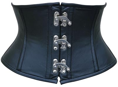 Hi-GERMANWEARS Womens Underbust Black Leather Steel Boned Body Waist Shaper with Strong Claps Closure taillenkorsett Corsets (DE/NL/SE/PL, Alphanumerisch, 3XS, Regular, Regular, Black)