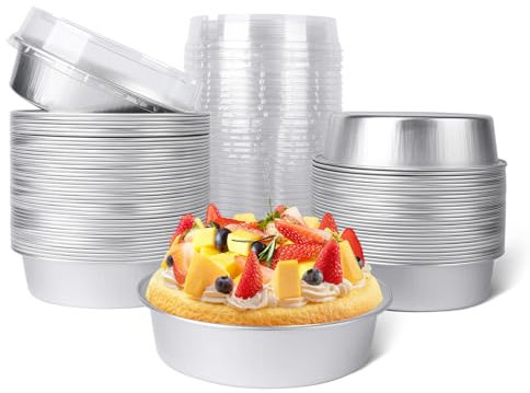 Beasea Mini-Auflaufförmchen mit Deckel, 50 Stück, 10,2 cm, 237 ml, Einweg-Backformen, Aluminiumfolie, Backformen, Crème Brulee Tarte, Kuchen, Backformen, silberfarben, klein, einzelne, runde Behälter,